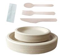 Piatti di Carta usa e Getta da 180 Pezzi, Stoviglie Compostabili Include Piatti di Carta Biodegradabili da 17,8 e 25,4 cm, Forchette, Coltelli, Cucchiai e Tovaglioli Per Feste, Campeggio
