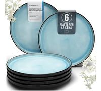 Piatti grandi in gres porcellanato per 6 persone Ibiza vincitore del test, da sogno in gres mediterraneo, elegante set di piatti piani, Pure Living in acquamarina