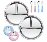 Piatto con Ventosa per Bambini - 2 Pezzi 23cm Piatti Svezzamento in Acciaio Inossidabile con Cucchiaio e Forchetta, Rimovibile Silicone Piatti per Bambini Divisi per Pasti e Spuntini Sani (Rosa Blu)