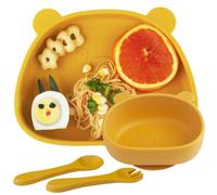Piatto con Ventosa per Bambini in Silicone,Assiette Bébé 4 Set,Piatti Bambini Pappa Svezzamento Piatto con 1 Cucchiaio e 1 Forchetta, Piastra di Alimentazione per Neonati, Lavabile in Lavastoviglie