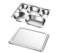 Piatto da portata diviso in acciaio inox con coperchio, design a 4/5 scomparti per la gestione delle porzioni e ridurre gli sprechi alimentari quotidiani (B)