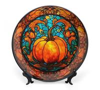 Piatto decorativo autunnale in vetro colorato da 20 cm con zucca, ideale per appendere il piatto, perfetto per l'arredamento in stile rustico moderno. Piatti da dessert in porcellana con supporto, d