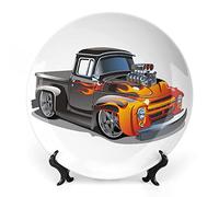 Piatto decorativo da 10 pollici, porcellana rotonda maschile, decorazione da parete in ceramica con stampa di vecchi camion hot rod dei cartoni animati, per ristoranti raffinati, eventi di lusso, cene
