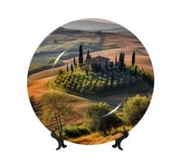 Piatto decorativo da 15,2 cm, in porcellana Bone China, con paesaggio toscano con albero e fattoria, piatti piani in ceramica con espositore, ornamenti in ceramica artistica piatto in porcellana per