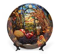 Piatto decorativo da parete autunnale per il Ringraziamento da 25 cm (10") con vetrata, zucca autunnale, piatto decorativo in ceramica con supporto per cena, cucina, feste, decorazione da tavolo per