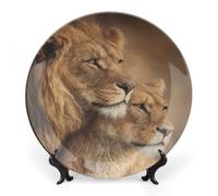 Piatto decorativo da parete in porcellana Bone China con leone e leonessa, con espositore per la decorazione della cucina domestica