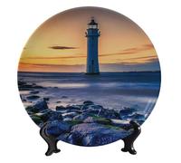Piatto decorativo in ceramica da appendere, paesaggio, costa rocciosa, rotondo, con supporto, ideale per soggiorno, camera da letto, cucina, ufficio, tavolo, parete, tavolo da pranzo, 25 cm (10 poll