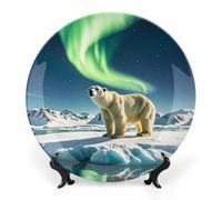 Piatto decorativo in ceramica, piatto decorativo con orso polare aurora boreale, piatto personalizzato in porcellana con espositore, piatti da esposizione per la decorazione della casa, 7 pollici