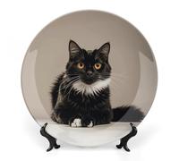 Piatto decorativo in ceramica, piatto decorativo in porcellana fine, gatto nero personalizzato con piatti in ceramica bianca, piatti da esposizione con espositore per la decorazione della casa