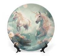 Piatto decorativo in ceramica, piatto decorativo in porcellana fine, piatto personalizzato Due cavalli nel cielo, collezione di piatti in ceramica con espositore, piatti da esposizione per l'arredam