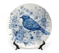 Piatto decorativo in ceramica, piatto decorativo personalizzato con uccellino azzurro e fiori, piatti da collezione in porcellana bone china da 8 pollici con espositore, piatti da esposizione per l'