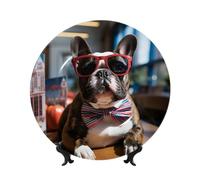 Piatto decorativo in ceramica verticale da 15,2 cm con espositore da appendere alla parete, con bulldog francese che indossa occhiali da sole, piatto da pranzo rotondo, artigianato artistico per la