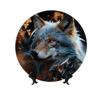 Piatto decorativo in porcellana, artigianato artistico, piatto decorativo in ceramica con espositore, ornamento in ceramica, foglie autunnali e un lupo, piatti rotondi da appendere alla parete per