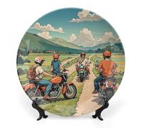 Piatto decorativo in porcellana Bone China con display 25,7 cm Stand Piatto decorativo in ceramica Amico Cavalcando una moto Piatti in ceramica Piatto da pranzo in ceramica Piatti decorativi per Home