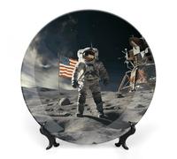 Piatto decorativo in porcellana Bone China con espositore astronauta che atterrano sulla luna, piatti decorativi rotondi in ceramica, piatti da pranzo in ceramica per casa, ufficio, decorazione da