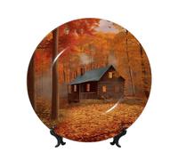 Piatto decorativo in porcellana Bone China con immagine di una baita nel bosco autunnale, piatti da portata personalizzati in porcellana con supporto, piatto decorativo in ceramica per appendere al