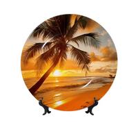 Piatto decorativo in porcellana Bone China con immagine di una spiaggia tropicale, palme e tramonto, piatti da portata personalizzati con supporto, piatto decorativo in ceramica da appendere alla pa