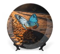 Piatto decorativo in porcellana Bone China con supporto per esposizione Farfalle che volano sulla strada Piatti decorativi in ceramica rotonda Piatto da pranzo in ceramica Artigianato Ornamenti in