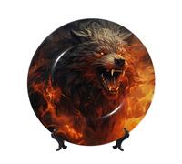 Piatto decorativo in porcellana Bone China da 15,2 cm, piatti piani in ceramica con espositore con lupo selvatico nel fuoco, piatti decorativi in ceramica, ornamenti da parete, artigianato da