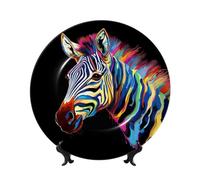 Piatto decorativo in porcellana Bone China da 15,2 cm, zebra colorata su sfondo nero, piatti piani in ceramica con espositore, ornamenti in ceramica per casa, ufficio, decorazione da parete, piatti da
