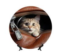 Piatto decorativo in porcellana Bone China da 17,8 cm, gatto fa capolino dalla tasca in pelle con cerniera, piatti piani in ceramica con espositore, ornamenti in ceramica per casa, ufficio