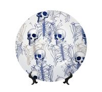 Piatto decorativo in porcellana Bone China da 17,8 cm, motivo scheletro blu su sfondo bianco, piatti piani in ceramica con espositore, ornamenti in ceramica per casa, ufficio, decorazione da parete