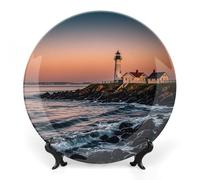 Piatto decorativo in porcellana Bone China Portland River Lighthouse Sunrise Piatti decorativi in ceramica con espositore da 25,4 cm fatto a mano in ceramica ornamento da parete per casa, cucina