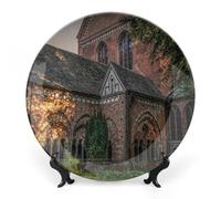 Piatto decorativo rotondo in ceramica da 7 pollici con architettura di edifici religiosi e supporto espositivo, piatto da tavolo moderno in porcellana, decorazione da appendere alla parete per casa