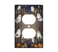 Piatto duplex con fantasma fantasma e lanterna scena notturna fantasmi | Fantasioso fantasma illustrazione, recinzione in legno rustico, lanterne luminose, zucche autunnali, tema foresta notturna