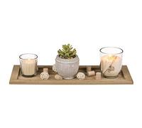 Piatto in legno color naturale, con 2 candele in vetro, pianta grassa in vasetto di ceramica & decorazione in legno