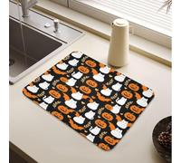 Piatto Mat zucca bianco gatto ali Jack O Lanterna Halloween | Tappetino scolapiatti per asciugare i piatti con retro in gomma, accessori per piano di lavoro