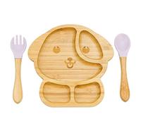 Piatto per Bambini e Neonati,Feelhap Piatto con Ventosa per Bambini,Piatto Svezzamento Guidato dal Bambino,Vassoio di Alimentazione Set Includi Forchetta e Cucchiaio (Cucciolo_Rosa)
