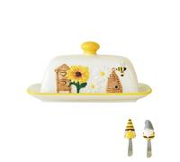 Piatto per burro con coperchio, contenitore per burro in ceramica ermetico con coltello, goffratura a nido d'ape, arredamento moderno per la cucina della fattoria