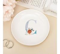 Piatto per gioielli con iniziali C, piatto per gioielli in ceramica con monogramma per chiavi gioielli, alfabeto blu acquerello con fiori rossi appena sposato, regalo di Natale del Ringraziamento per
