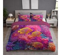 Piazza E Mezza 200 X 200 cm Set Copripiumino Rosa, Completo Letto Biancheria da Letto in Microfibra con Federe, Vita marina, Pesce Corallo Anemone, Morbido, Zip nascosta, Facile cura, Soffice