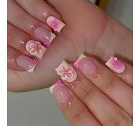 Piazza Francese Punte Unghie Finte Colle Su Stick Fiore Stampa Falso Artificiale Falso Per Le Donne