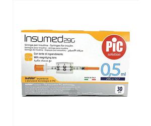 Pic Solution SIRINGA PER INSULINA PIC INSUMED 0,5 ML 100 UI AGO GAUGE 29 LUNGHEZZA 12,7 MM SENZA SPAZIO MORTO 3 SACCHETTI DA 30 PEZZI