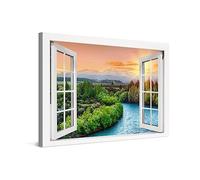 PICANOVA - Stampa su Tela 120x80cm Tramonto sul Fiume Finestra - Quadro su Tela Moderno Incorniciato con Spessore di 2cm - Arte della Parete - Foto Decorazione Come Dipinto per Soggiorno
