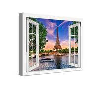 PICANOVA - Stampa su Tela 40x30cm La Torre Eiffel Parigi Finestra - Quadro su Tela Moderno Incorniciato con Spessore di 2cm - Arte della Parete - Foto Decorazione Come Dipinto per Soggiorno
