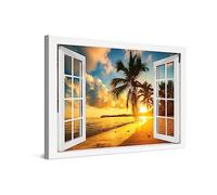 PICANOVA - Stampa su Tela 60x40cm Tramonto Spiaggia dell'Oceano Finestra - Quadro su Tela Moderno Incorniciato con Spessore di 2cm - Arte della Parete - Foto Decorazione Come Dipinto per Soggiorno