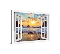 PICANOVA - Stampa Su Tela Tramonto Sulla Spiaggia Rocciosa Finestra 120x80cm - Quadro su Tela Moderno Incorniciato con Spessore di 2cm - Foto Decorazione da Parete Come Dipinto - Collezione Spiagge