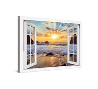 PICANOVA - Stampa Su Tela Tramonto Sulla Spiaggia Rocciosa Finestra 60x40cm - Quadro su Tela Moderno Incorniciato con Spessore di 2cm - Foto Decorazione da Parete Come Dipinto - Collezione Spiagge