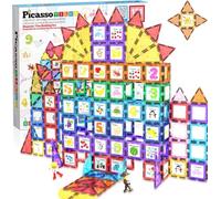 PicassoTiles 121pc Master Costruzioni magnetiche del costruttore Construction Set Piastrelle magnetiche con camion per auto, 2 personaggi Action Figure, 28 Alfabeto educativo Animale e numero