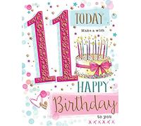 Piccadilly Greetings Group Ltd Biglietto di auguri per 11 anni, per ragazza, per 11 anni, con torta di compleanno, 20 x 15 cm, rosa