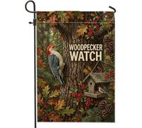 Picchio Birdwatcher Bandiera da giardino a tema autunnale, 30,5 x 45,7 cm | Picchio dal ventre rosso, bandiera del prato, mangiatoia per uccelli rustica, foglie di quercia autunnali