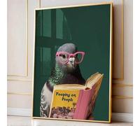 Piccione che legge e fa la cacca sulle persone, divertente poster da parete con animali, stampa su tela, decorazione umoristica per bagno e toilette, dipinto per dormitorio, 80x120 cm con cornice