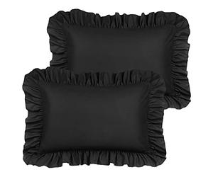 PiccoCasa Confezione da 2 federe con volant spazzolato, morbide e traspiranti con chiusura a busta, orlo da 10 cm, in microfibra, colore nero, 50 x 65 cm