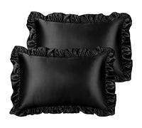 PiccoCasa Federe in raso per capelli e pelle, retro setosa, con volant di lusso e chiusura a busta, 2 federe in raso, colore nero, 50 x 75 cm