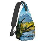Piccola borsa a tracolla con paesaggio fluviale e montano per uomo e donna, borsa a tracolla leggera, zaino antifurto con tracolla regolabile per sport all'aria aperta, escursionismo e viaggi.