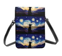 Piccola borsa a tracolla da donna, in pelle con gatto sotto i cieli stellati, borsa a tracolla per telefono cellulare, portafoglio
